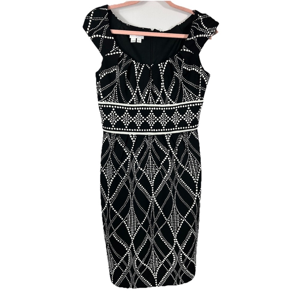 London Times Dress 8 Black White Geometric Dot Mod Career Sheath Dark Academia‎